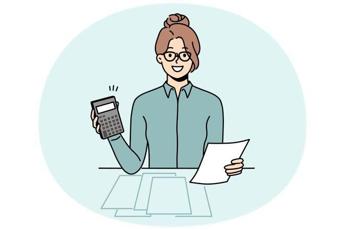 Female accountant calculate taxes on machine  Illustration