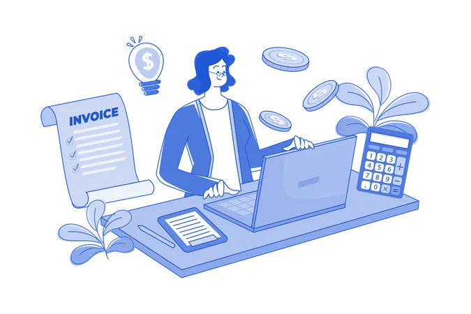 Female Accountant Is Checking Invoices At Her Desk  Illustration