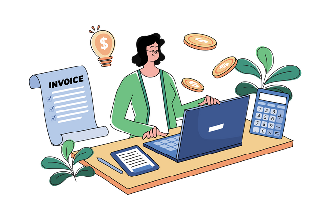 Female Accountant Is Checking Invoices At Her Desk Illustration