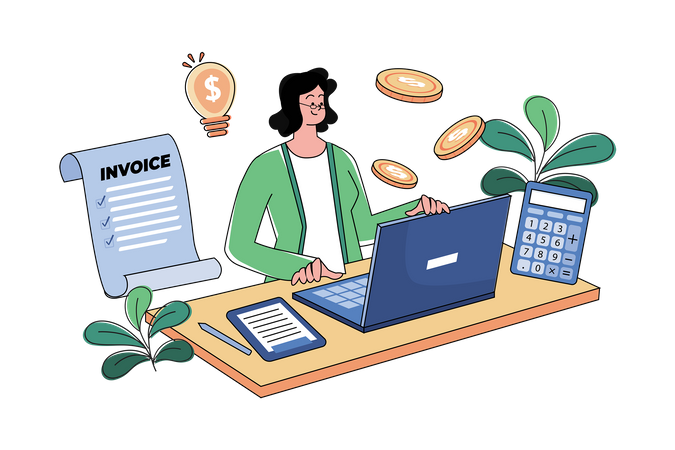 Female Accountant Is Checking Invoices At Her Desk  Illustration