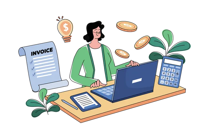 Female Accountant Is Checking Invoices At Her Desk  Illustration