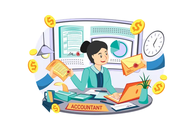 Female accountant managing account Illustration