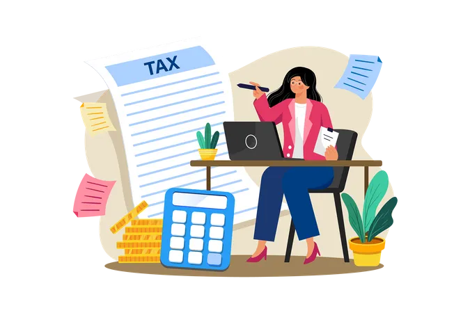 Female accountant prepares tax returns for small business  イラスト