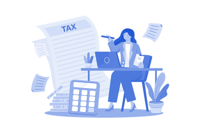 Female accountant prepares tax returns for small business  Illustration