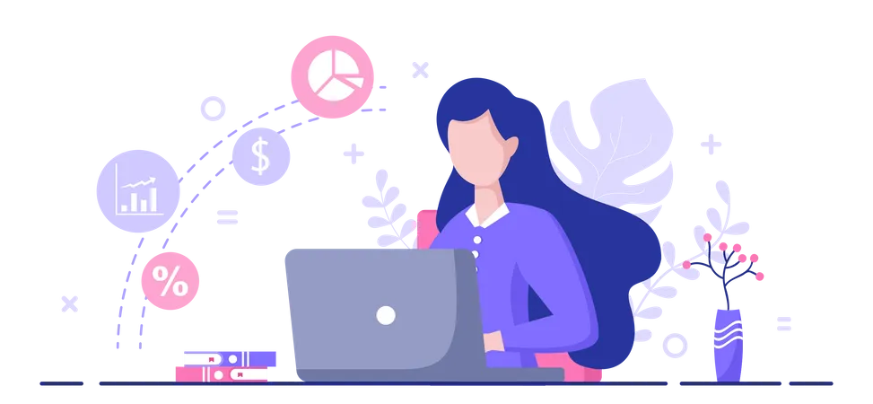 Female accountant working on laptop  Illustration