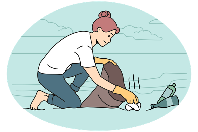 Female activist clean nature from garbage  Illustration