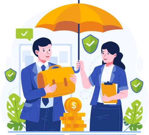 A Female Agent Holding An Umbrella Protecting A Businessman Who Holds A Briefcase Insurance To Protect Health Ensure Work Safety And Safeguard Business Illustration