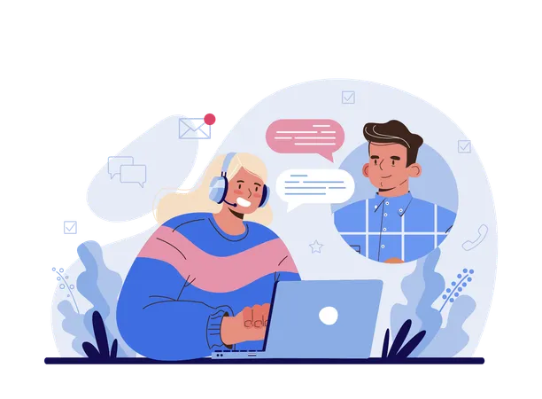 Call Center Or Helpline Support Operator Wearing Headsets Talking To A Person Operator Consult Clients On Phone Providing Customer With Valuable Information Flat Vector Illustration Illustration