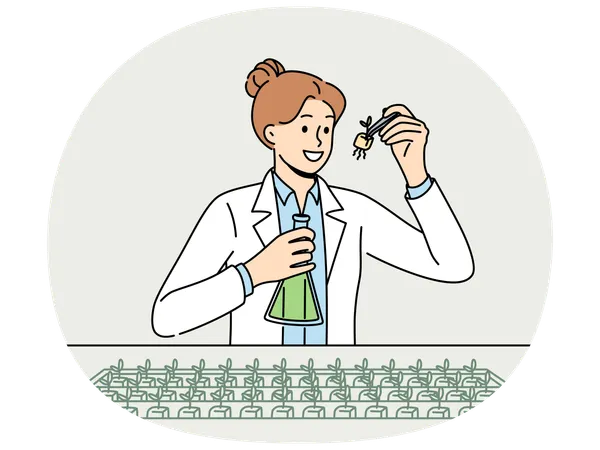 Female agricultural scientist examines plants in laboratory  Illustration