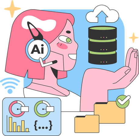 Female AI chatbot working on cloud database  Illustration