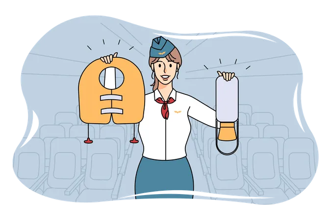 Female air hostess explaining emergency precautions  일러스트레이션