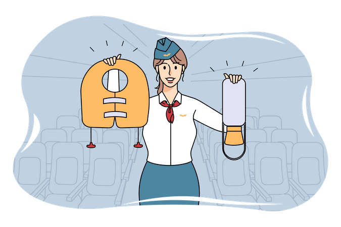 Female air hostess explaining emergency precautions  Illustration