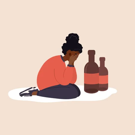 Female Alcoholism Depressed African Woman Sitting On Floor And Crying Girl Suffering From Hard Drinking Alcoholism Effects Alcohol Abuse Vector Illustration In Flat Cartoon Style Illustration