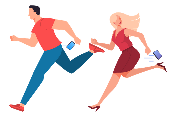 Female and male running and dropping the smartphone  イラスト