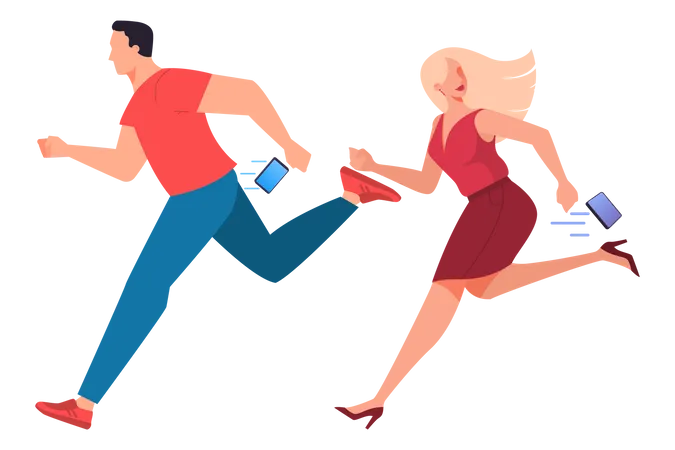 Man And Woman With Mobile Phone Female And Male Character Running And Dropping Thei Smartphone Isolated Flat Vector Illustration Illustration