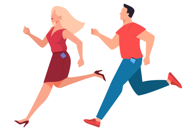 Female and male running with smartphone in their front pockets Illustration