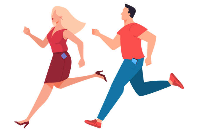 Female and male running with smartphone in their front pockets  Illustration