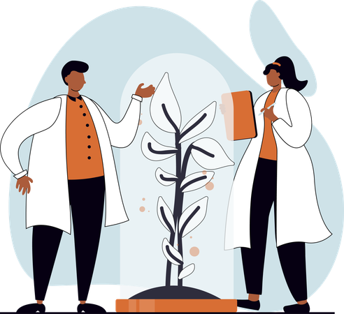 Female and Male Scientist Doing Microbiology Experiment on Plant  Illustration