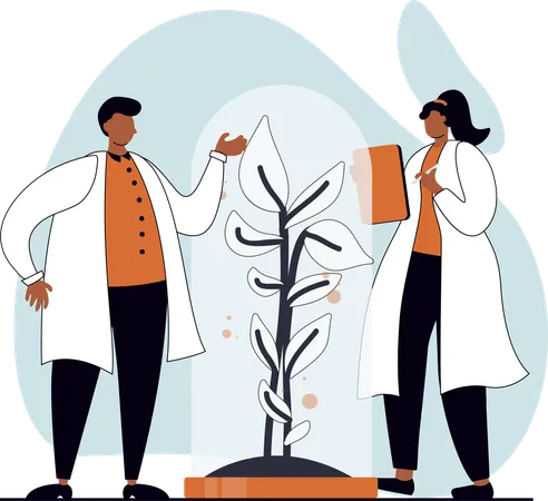 Female and Male Scientist Doing Microbiology Experiment on Plant  Illustration