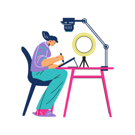 Female Animator working on digital tablet with ring light and microphone  Illustration