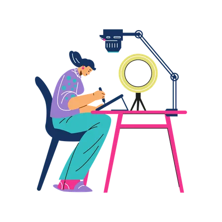 Female Animator working on digital tablet with ring light and microphone  Illustration