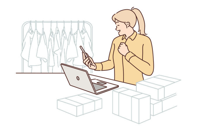 Female apparel seller taking orders online  Illustration