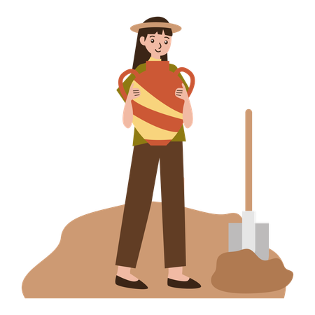 Female archaeologist find Pottery artifacts  Illustration