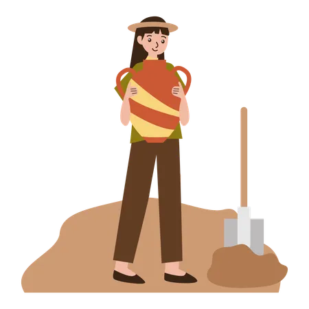 Female archaeologist find Pottery artifacts  Illustration