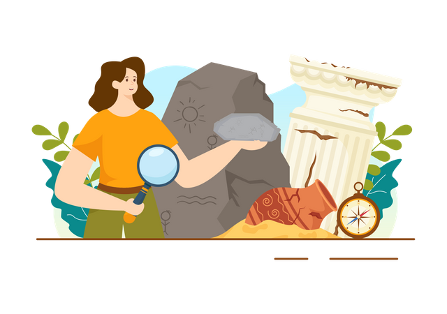 Female Archaeologist holding ancient stone  Illustration