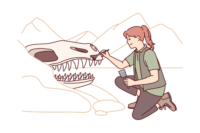 Female archeologist brushing dinosaur face  Illustration
