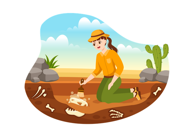 Female archeologist finding fossil remains Illustration
