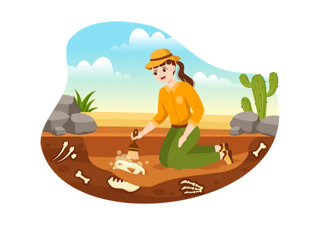 Female archeologist finding fossil remains  Illustration
