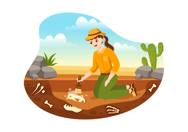 Female archeologist finding fossil remains  Illustration