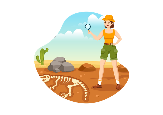 Female archeologist searching for fossil remains  Illustration
