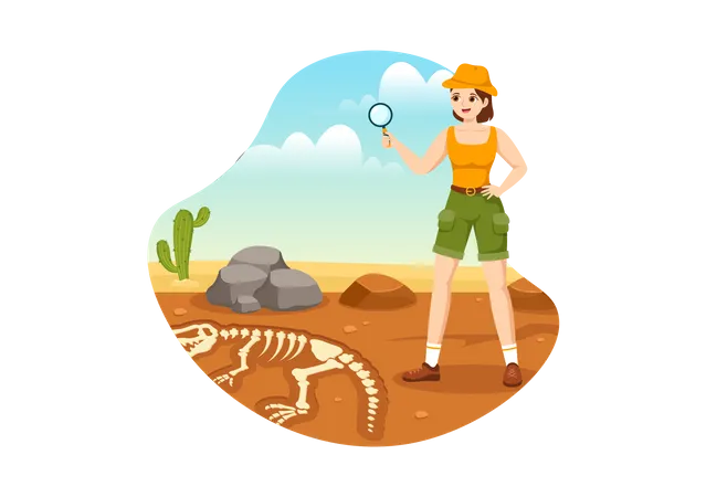 Female archeologist searching for fossil remains Illustration