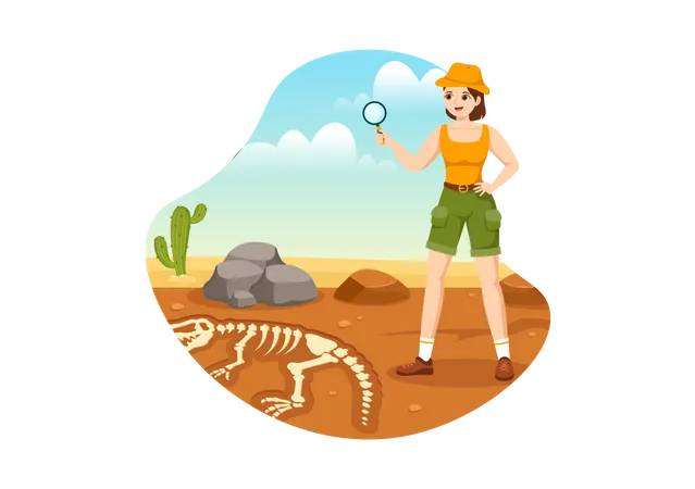 Female archeologist searching for fossil remains  Illustration