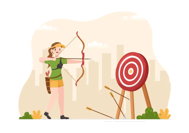 Archery Sport With Bow And Arrow Pointing At Target For Outdoor Recreational Activity In Flat Cartoon Hand Drawn Template Illustration Illustration