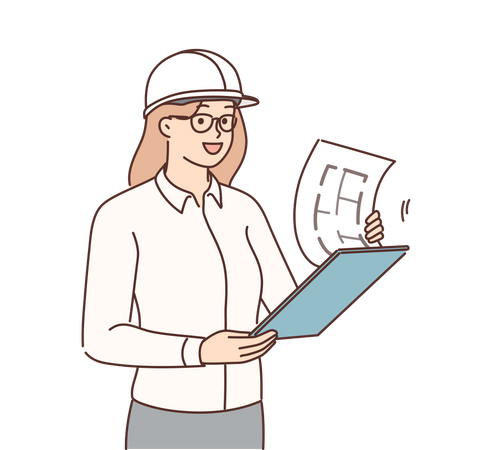 Female architect checking plan design  Illustration