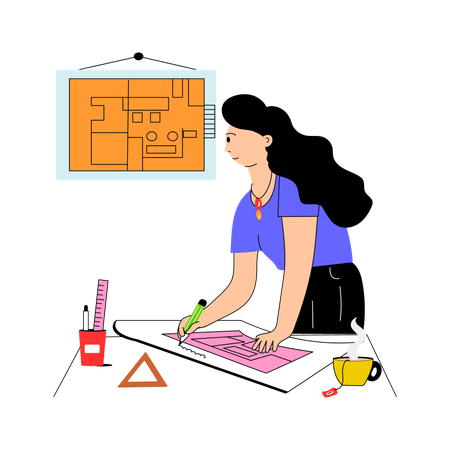 Female Architect Draw Blueprint  Illustration