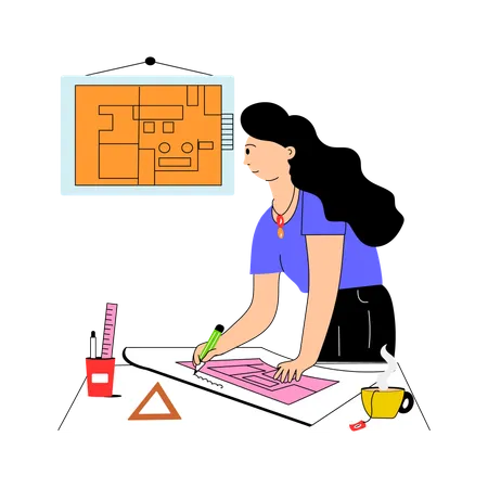 Female Architect Draw Blueprint  Illustration