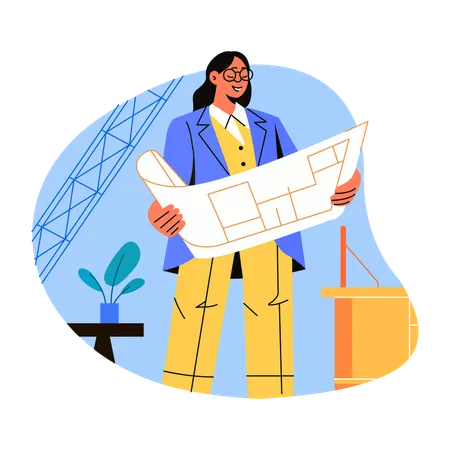 Female architect holding blueprint  Illustration