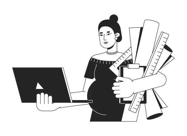 Woman With Laptop Rulers Drawings Bw Concept Vector Spot Illustration Pregnant Architect 2 D Cartoon Flat Line Monochromatic Character For Web UI Design Editable Isolated Outline Hero Image Illustration