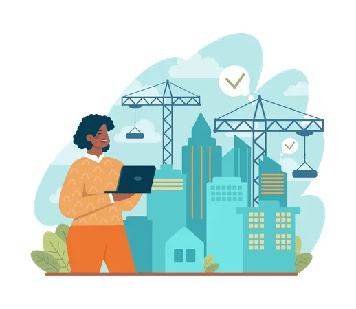 Architect Black Female Character Works On Architectural Project And Construction Plan Scheme Of House Engineer Industry Construction Company Business Flat Vector Illustration Illustration