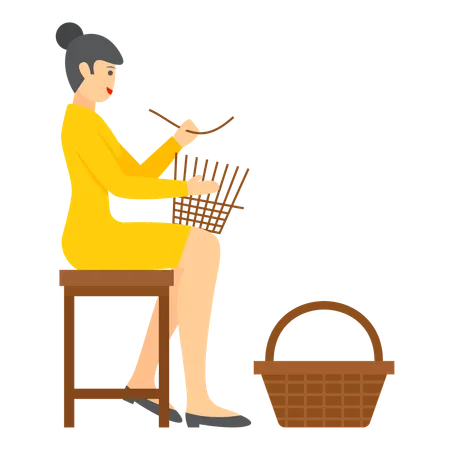 Female Artisan Crafting a Basket  Illustration