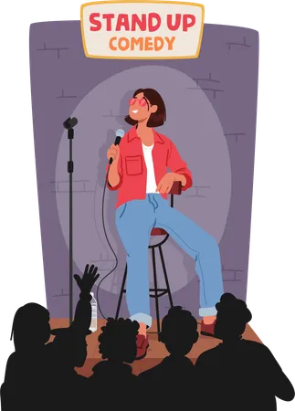 Female Artist Dazzled The Stage With Uproarious Stand Up Weaving Clever Anecdotes And Sharp Wit Leaving The Audience In Stitches With Their Comedic Brilliance And Infectious Energy Vector Illustration
