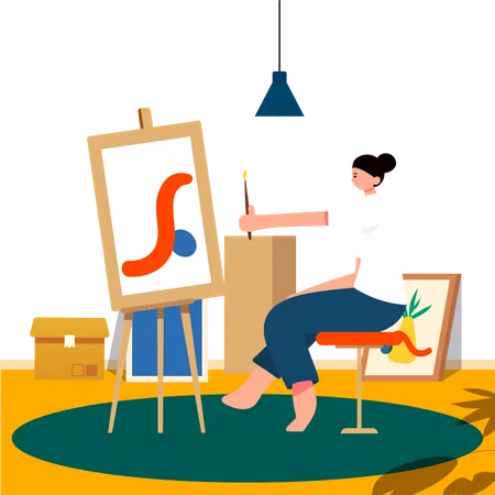 Young Female Painter Artist Wearing Red Beret Painting On Canvas On Easel With Paint Brush On Studio The Career Of An Artist Can Make A Living And If It Is Famous Can Be Rich Vector Illustration Illustration