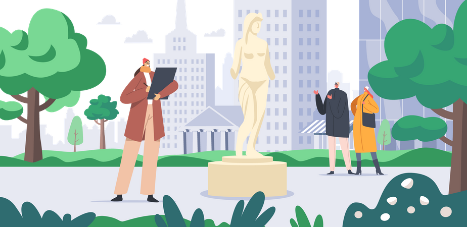 Female artist looking for art inspiration in the park  イラスト