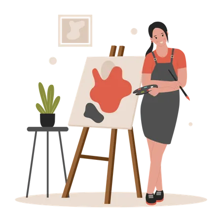 Female artist painting on canvas  Illustration