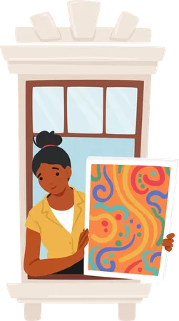 Artist Female Character Perform Her Painting Masterpiece In The Window A Dance Of Creativity Captivating Display Of Artistic Expression Woman Painter Neighbor Cartoon People Vector Illustration Illustration