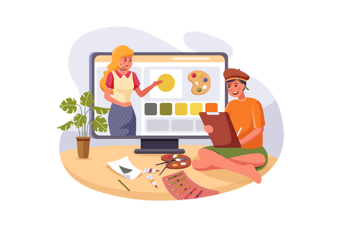 Female artist teaching student online  イラスト